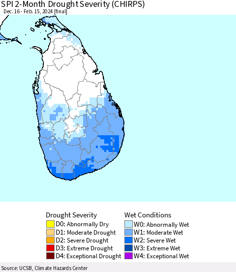 Sri Lanka SPI 2-Month Drought Severity (CHIRPS) Thematic Map For 12/16/2023 - 2/15/2024