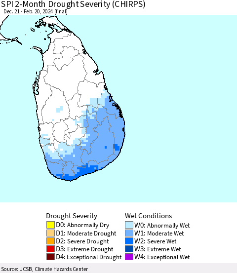Sri Lanka SPI 2-Month Drought Severity (CHIRPS) Thematic Map For 12/21/2023 - 2/20/2024