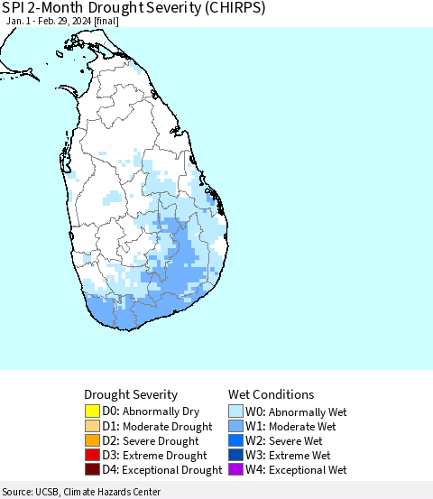 Sri Lanka SPI 2-Month Drought Severity (CHIRPS) Thematic Map For 1/1/2024 - 2/29/2024