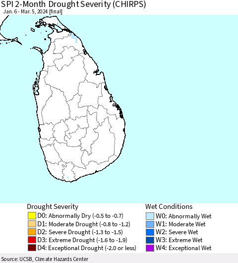 Sri Lanka SPI 2-Month Drought Severity (CHIRPS) Thematic Map For 1/6/2024 - 3/5/2024
