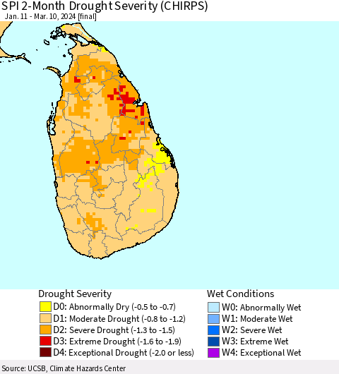 Sri Lanka SPI 2-Month Drought Severity (CHIRPS) Thematic Map For 1/11/2024 - 3/10/2024