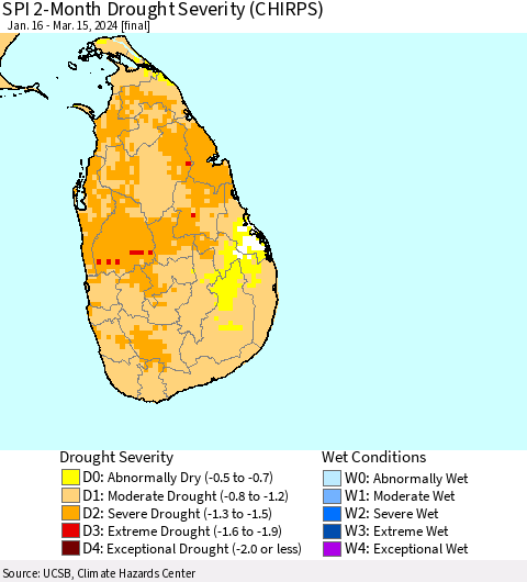 Sri Lanka SPI 2-Month Drought Severity (CHIRPS) Thematic Map For 1/16/2024 - 3/15/2024