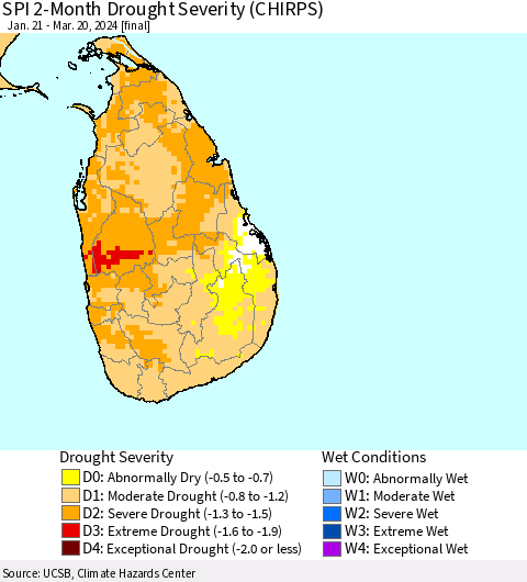 Sri Lanka SPI 2-Month Drought Severity (CHIRPS) Thematic Map For 1/21/2024 - 3/20/2024