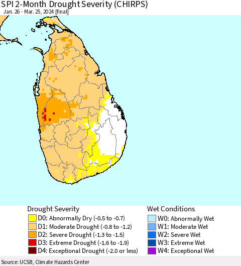 Sri Lanka SPI 2-Month Drought Severity (CHIRPS) Thematic Map For 1/26/2024 - 3/25/2024