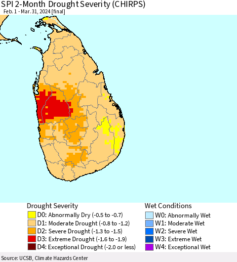 Sri Lanka SPI 2-Month Drought Severity (CHIRPS) Thematic Map For 2/1/2024 - 3/31/2024