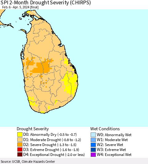 Sri Lanka SPI 2-Month Drought Severity (CHIRPS) Thematic Map For 2/6/2024 - 4/5/2024