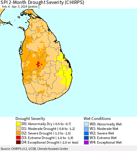 Sri Lanka SPI 2-Month Drought Severity (CHIRPS) Thematic Map For 2/6/2024 - 4/5/2024