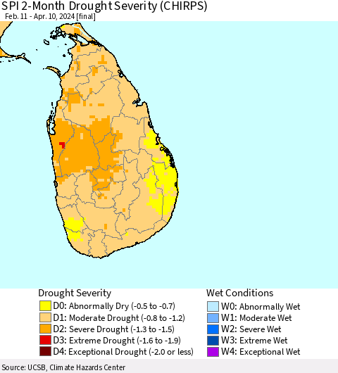 Sri Lanka SPI 2-Month Drought Severity (CHIRPS) Thematic Map For 2/11/2024 - 4/10/2024