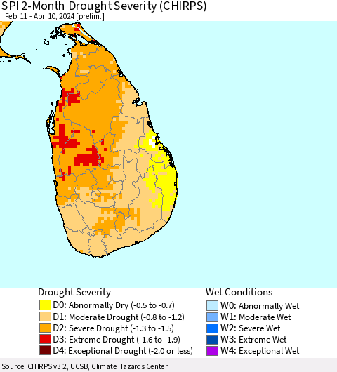 Sri Lanka SPI 2-Month Drought Severity (CHIRPS) Thematic Map For 2/11/2024 - 4/10/2024