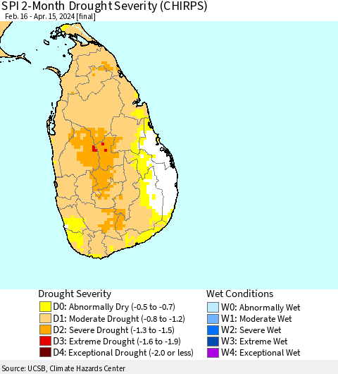 Sri Lanka SPI 2-Month Drought Severity (CHIRPS) Thematic Map For 2/16/2024 - 4/15/2024