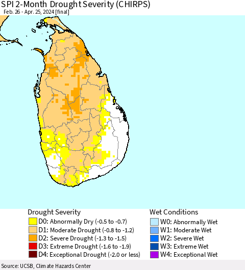 Sri Lanka SPI 2-Month Drought Severity (CHIRPS) Thematic Map For 2/26/2024 - 4/25/2024