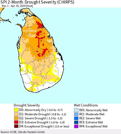 Sri Lanka SPI 2-Month Drought Severity (CHIRPS) Thematic Map For 3/1/2024 - 4/30/2024