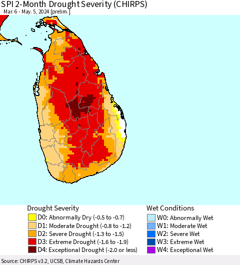 Sri Lanka SPI 2-Month Drought Severity (CHIRPS) Thematic Map For 3/6/2024 - 5/5/2024