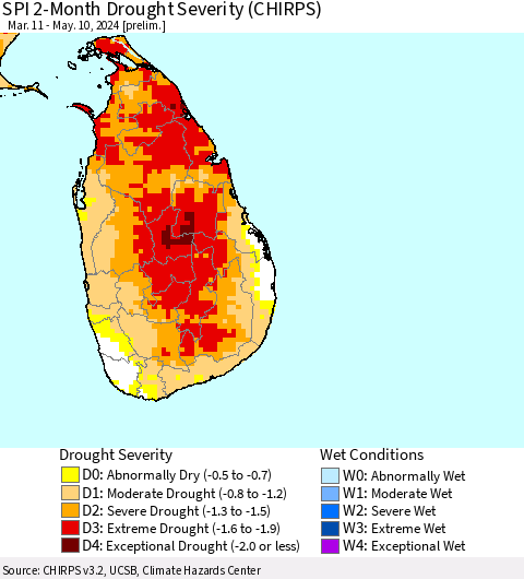 Sri Lanka SPI 2-Month Drought Severity (CHIRPS) Thematic Map For 3/11/2024 - 5/10/2024