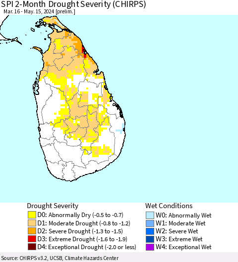 Sri Lanka SPI 2-Month Drought Severity (CHIRPS) Thematic Map For 3/16/2024 - 5/15/2024