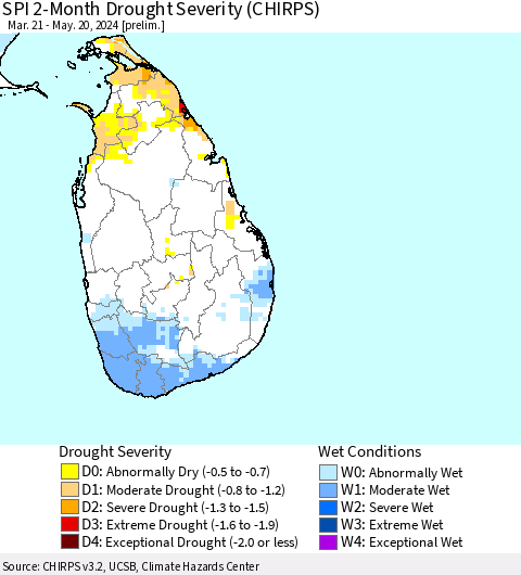 Sri Lanka SPI 2-Month Drought Severity (CHIRPS) Thematic Map For 3/21/2024 - 5/20/2024