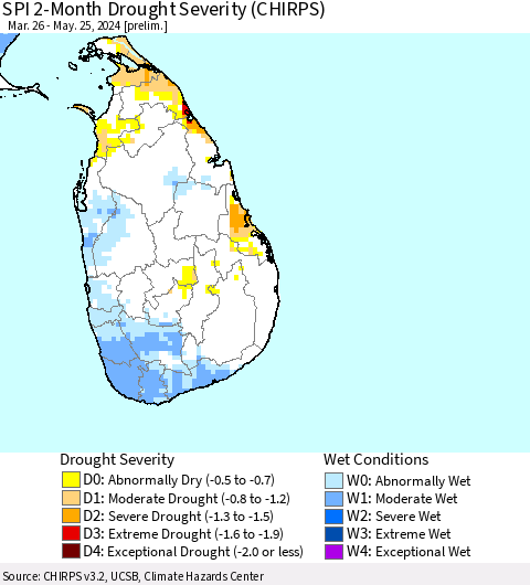Sri Lanka SPI 2-Month Drought Severity (CHIRPS) Thematic Map For 3/26/2024 - 5/25/2024