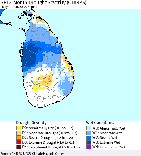 Sri Lanka SPI 2-Month Drought Severity (CHIRPS) Thematic Map For 5/1/2024 - 6/30/2024