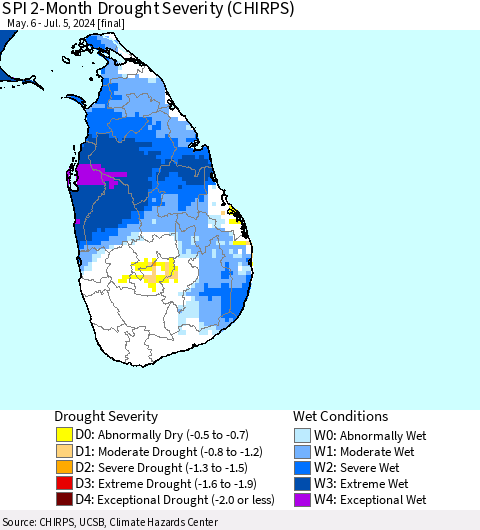 Sri Lanka SPI 2-Month Drought Severity (CHIRPS) Thematic Map For 5/6/2024 - 7/5/2024