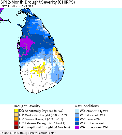 Sri Lanka SPI 2-Month Drought Severity (CHIRPS) Thematic Map For 5/11/2024 - 7/10/2024