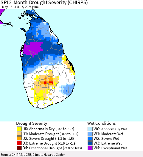 Sri Lanka SPI 2-Month Drought Severity (CHIRPS) Thematic Map For 5/16/2024 - 7/15/2024