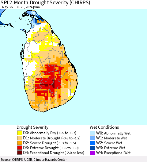 Sri Lanka SPI 2-Month Drought Severity (CHIRPS) Thematic Map For 5/26/2024 - 7/25/2024
