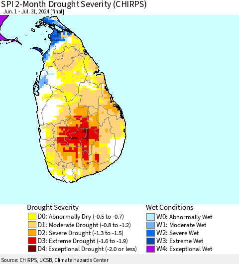 Sri Lanka SPI 2-Month Drought Severity (CHIRPS) Thematic Map For 6/1/2024 - 7/31/2024