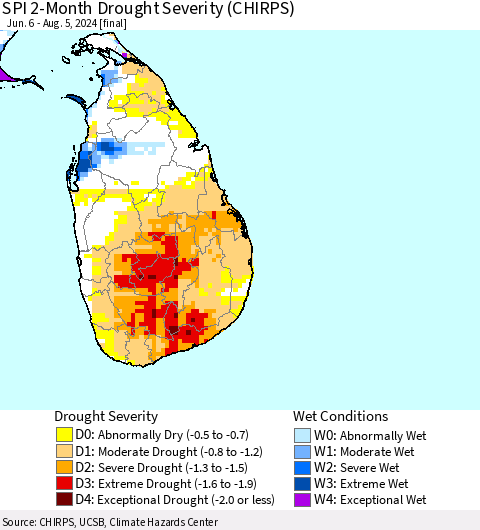 Sri Lanka SPI 2-Month Drought Severity (CHIRPS) Thematic Map For 6/6/2024 - 8/5/2024