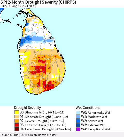 Sri Lanka SPI 2-Month Drought Severity (CHIRPS) Thematic Map For 6/11/2024 - 8/10/2024