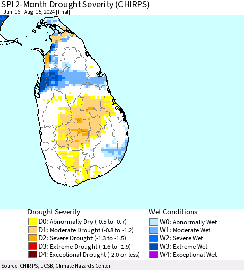 Sri Lanka SPI 2-Month Drought Severity (CHIRPS) Thematic Map For 6/16/2024 - 8/15/2024