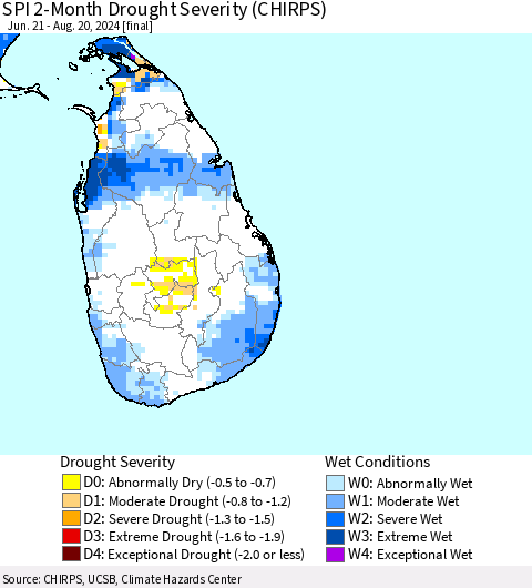 Sri Lanka SPI 2-Month Drought Severity (CHIRPS) Thematic Map For 6/21/2024 - 8/20/2024