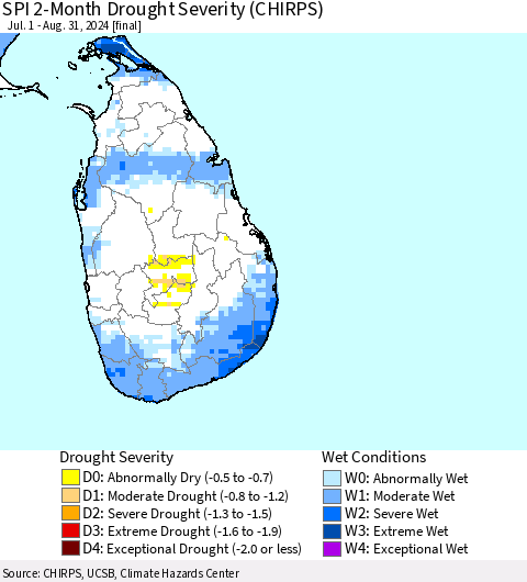 Sri Lanka SPI 2-Month Drought Severity (CHIRPS) Thematic Map For 7/1/2024 - 8/31/2024