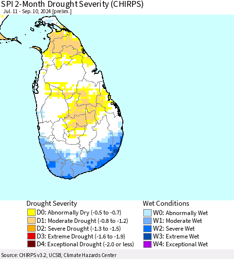 Sri Lanka SPI 2-Month Drought Severity (CHIRPS) Thematic Map For 7/11/2024 - 9/10/2024