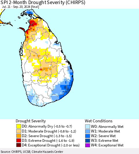 Sri Lanka SPI 2-Month Drought Severity (CHIRPS) Thematic Map For 7/21/2024 - 9/20/2024