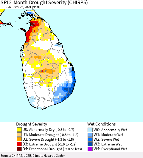 Sri Lanka SPI 2-Month Drought Severity (CHIRPS) Thematic Map For 7/26/2024 - 9/25/2024