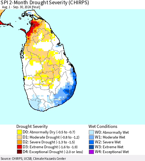 Sri Lanka SPI 2-Month Drought Severity (CHIRPS) Thematic Map For 8/1/2024 - 9/30/2024