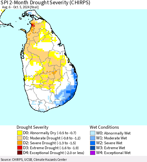 Sri Lanka SPI 2-Month Drought Severity (CHIRPS) Thematic Map For 8/6/2024 - 10/5/2024