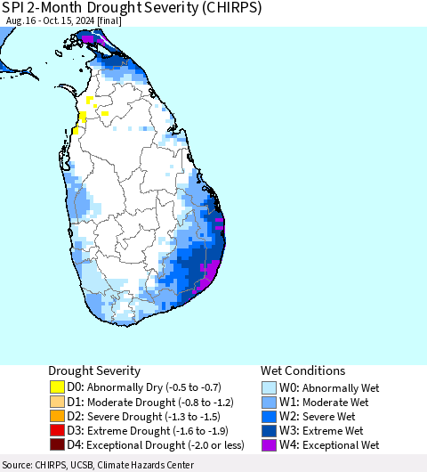 Sri Lanka SPI 2-Month Drought Severity (CHIRPS) Thematic Map For 8/16/2024 - 10/15/2024