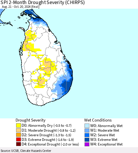 Sri Lanka SPI 2-Month Drought Severity (CHIRPS) Thematic Map For 8/21/2024 - 10/20/2024