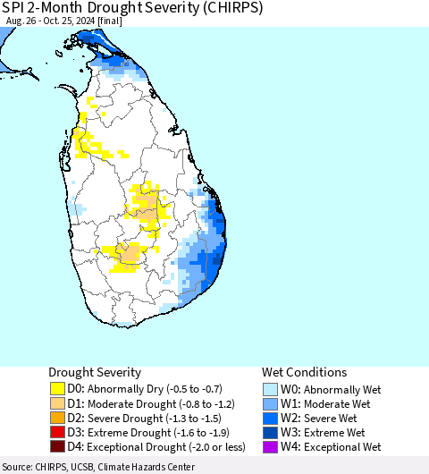 Sri Lanka SPI 2-Month Drought Severity (CHIRPS) Thematic Map For 8/26/2024 - 10/25/2024