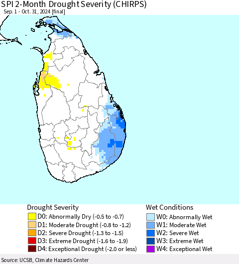 Sri Lanka SPI 2-Month Drought Severity (CHIRPS) Thematic Map For 9/1/2024 - 10/31/2024