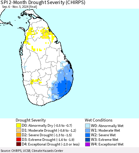 Sri Lanka SPI 2-Month Drought Severity (CHIRPS) Thematic Map For 9/6/2024 - 11/5/2024