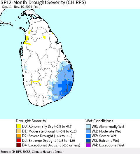 Sri Lanka SPI 2-Month Drought Severity (CHIRPS) Thematic Map For 9/11/2024 - 11/10/2024