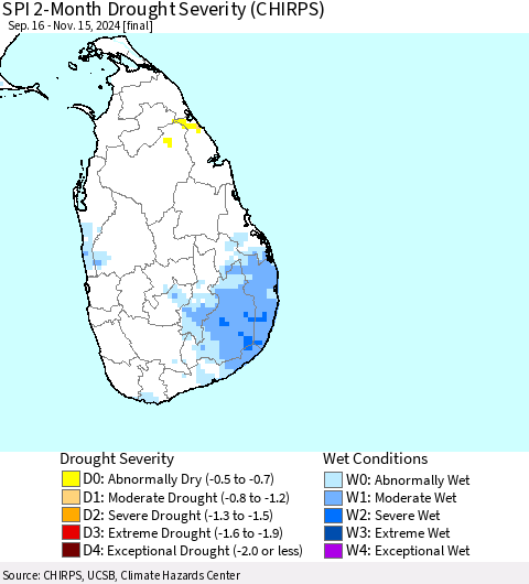 Sri Lanka SPI 2-Month Drought Severity (CHIRPS) Thematic Map For 9/16/2024 - 11/15/2024