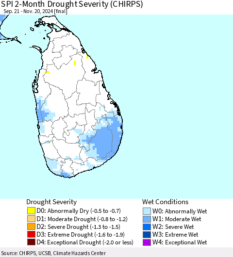 Sri Lanka SPI 2-Month Drought Severity (CHIRPS) Thematic Map For 9/21/2024 - 11/20/2024