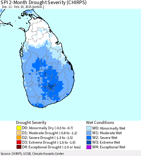 Sri Lanka SPI 2-Month Drought Severity (CHIRPS) Thematic Map For 12/11/2024 - 2/10/2025