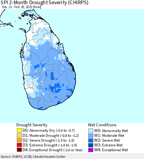 Sri Lanka SPI 2-Month Drought Severity (CHIRPS) Thematic Map For 12/21/2024 - 2/20/2025