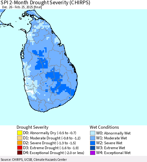 Sri Lanka SPI 2-Month Drought Severity (CHIRPS) Thematic Map For 12/26/2024 - 2/25/2025