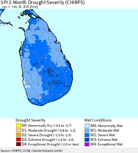 Sri Lanka SPI 2-Month Drought Severity (CHIRPS) Thematic Map For 1/1/2025 - 2/28/2025