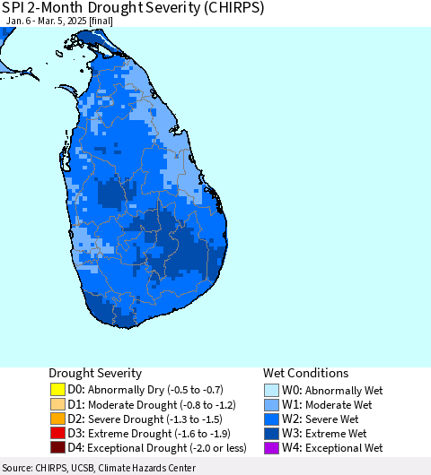 Sri Lanka SPI 2-Month Drought Severity (CHIRPS) Thematic Map For 1/6/2025 - 3/5/2025